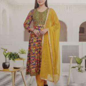 Multicolor Printed Anarkali Suit with Mustard Dupatta
